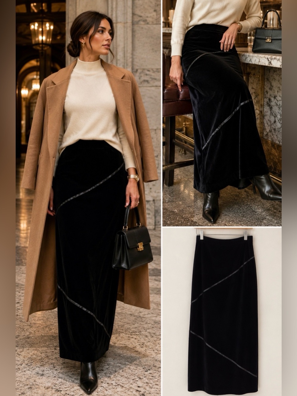 Vntg Equestrian Designs Black Velvet Column Maxi Skirt Diagonal Seam Sz M💛🍄
